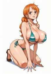 1girls ai_generated angry bare_arms bare_legs bare_shoulders bare_thighs big_breasts bikini bikini_bottom bikini_top blush clothed clothing color female female_focus female_only hi_res large_breasts light-skinned_female light_skin long_hair looking_at_viewer nami nami_(one_piece) one_piece orange_eyes orange_hair ponytail post-timeskip shounen_jump solo solo_female tagme thick_thighs tied_hair yashin