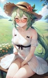 1girls ai_generated aimoonshine alternate_costume bangs bare_shoulders bench between_legs blue_sky blush breasts brown_headwear closed_mouth clothes_lift cloud collarbone covered_navel covering covering_crotch day dress dress_lift female female_only flower genshin_impact glasses grass green_hair hair_between_eyes hand_between_legs hat hat_flower lifted_by_self long_hair looking_at_viewer low_ponytail medium_breasts mihoyo multicolored_hair navel no_panties on_bench orange_eyes outdoors ponytail red_flower see-through see-through_dress semi-rimless_eyewear short_sleeves sitting sitting_on_bench sky smile solo straw_hat streaked_hair sucrose_(genshin_impact) sun_hat sundress thighs white_dress