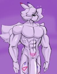 1boy angel_(shewiff) anthro anthro_only big_balls big_penis dreaming groggy huge_balls huge_cock muscular muscular_male penis purple_background shewiff sleepwalking solo tagme togekiss