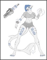 blue_eyes blue_hair bosch_article bracelet bracers clothed ear_piercing female furrification furry no_bra oracle_dominus oversized_shirt shark_humanoid shark_tail sharp_teeth shorts spark_plugs sparkles stripes