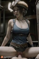 1boy 1boy1girl 1girls ai_generated belt bottomless breasts cleavage cowboy_hat cowgirl_position detailed female hat hi_res highres holster jill_valentine necklace no_panties penis pussy resident_evil resident_evil:_death_island sex solo_focus straddling straight synthpixel tank_top vaginal_penetration