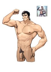 1boy abs armpits balthus_von_albrecht bara biceps black_hair completely_nude cropped_legs fire_emblem fire_emblem:_three_houses fire_emblem_heroes flaccid flexing grin highres huge_pectorals large_hands large_pectorals loose_hair_strand male_focus male_only muscular muscular_male my_eight navel nintendo nipples nude pectorals penis pubic_hair reference_inset smile solo testicles thick_thighs thighs topless_male uncensored v-taper white_background