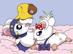 accessory anus bedding blanket blonde_hair blue_eyes bow_ribbon cricetid cunnilingus female female/female feral feral_on_feral fur genitals group group_sex hair hair_accessory hair_ribbon hairbow hamster hamtaro_(series) hi_res hood incest_(lore) lapis_(hamtaro) lazuli_(hamtaro) licking mammal oral penelope_(hamtaro) pichu90 purse pussy ribbons rodent sex sibling_(lore) sister_(lore) sisters_(lore) threesome tongue tongue_out trio vaginal_penetration white_body white_fur