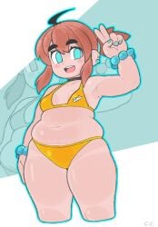 :d ahoge armpits belly belly_button bikini bikini_bottom bikini_top blush_stickers bottom_heavy champchidi choker chubby chubby_belly chubby_female cute fat gold_bikini mole_under_armpits oc original_character penelope_(champchidi) plump ponytail small_breasts smile thick_thighs