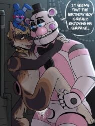 2023 against_wall animatronic animatronics anthro anthro_penetrated bear blonde_hair blue_eyes brown_fur bunny canine collar color colored commission cum cum_drip cum_dripping cum_in_ass cum_inside cumming dialogue dog_collar dog_ears dog_tail domination english_dialogue english_text five_nights_at_freddy's five_nights_at_freddy's:_sister_location fnaf funtime_freddy funtime_freddy_(fnafsl) furry gay glowing_eyes heresy heterochromia holding holding_leg holding_up lagomorph leporid looking_at_another looking_pleasured looking_up male male_only naked no_humans oc original_character part_of_a_set pink_body pink_eyes puppet_bonnie_(fnafsl) rabbit robot robot_penis scottgames short_hair size_difference spaceandroids speech_bubble sweat sweating text text_bubble tongue_out white_body