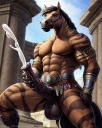 ai_generated anthro cum cumshot equid equine equine_genitalia gladiator horse horse_penis horsecock huge_balls huge_cock monster monster_cock muscular muscular_male original original_character sperm