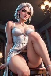 ai_generated breasts cameltoe ciri clothing dress female green_eyes high_heels light-skinned_female looking_at_viewer macizous69 panties scar solo the_witcher_(series) the_witcher_3:_wild_hunt white_hair