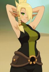 ai_generated ankama armpits arms_behind_head arms_up big_breasts cleophee cra elf_ears elf_female elf_girl green_eyes hair_covering_eye light-skinned_female medium_breasts sideboob wakfu yellow_hair