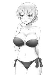 1girls arm_behind_back big_breasts bikini blush breasts busty child_bearing_hips darjeeling female female_only girls_und_panzer hair_bun highres large_breasts legs monochrome navel o-ring o-ring_bikini open_mouth sensual smile solo strapless strapless_bikini sweat swimsuit thighs