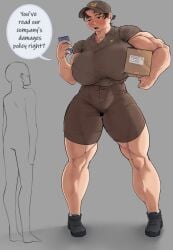 1girls anon big_breasts blush_lines breasts cantankeravian delivery_employee female muscular muscular_arms muscular_female muscular_thighs speech_bubble taller_girl text thick_thighs thighs