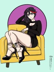 1girls artist_signature black_dress black_hair blue_eyes boob_window cleavage cleavage_cutout high_heels ironsiderodger kill_la_kill legs light-skinned_female light_skin matoi_ryuuko open_toe_shoes red_strand_of_hair sitting sitting_on_chair