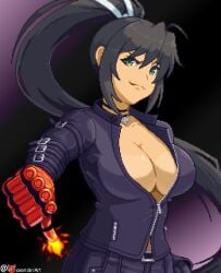 1girls 2024 artist_logo artist_name big_breasts black_hair breasts busty cleavage cosplay female female_only fire foxander gloves green_eyes highres homura_(senran_kagura) k&#039; king_of_fighters large_breasts long_hair looking_at_viewer marvelous no_bra pixel_art ponytail senran_kagura sensual smile smug snk solo tan thumbs_down unzipped very_long_hair