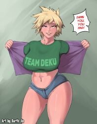 affair bakugou_mitsuki big_thighs blonde_bitch blonde_hair boku_no_hero_academia booty_shorts crop_top darth_jin milf mitsuki_bakugou mommy motherly_cuckold my_hero_academia smug smug_face text text_bubble