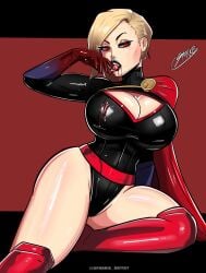 1girls alternate_costume artist_signature blonde_hair blood cleavage cleavage_cutout commission commissioner_upload dc dc_comics female_only fully_clothed huge_breasts kara_zor-el latex latex_clothing lipstick makeup mascara pinup power_girl red_eyes revealing_clothes shiny_clothes sparkietheartist superman_(series) tight_clothing vampire vampire_girl