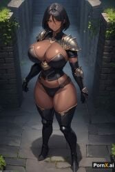 1girls ai_generated armor armored_boots armored_gloves castle dark-skinned_female dark_skin full_body huge_ass huge_breasts large_breasts milf muscular_female pornx.ai round_ass seductive_smile short_hair standing straight_hair thick_thighs