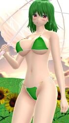 1girls 2023 3d belly_button bikini blush breast clavicle cleavage clouds flowers green_bikini green_hair_female hati_yukkuri_mmd hips holding_object light-skinned_female looking_at_viewer midriff mmd one_arm_up open_mouth outdoors parasol red_eyes short_hair_female sky solo_female solo_focus sun sunflowers sunset swimsuit touhou uncanny_valley waist youkai yuuka_kazami