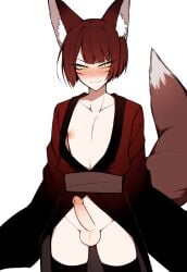 1boy ai_generated androgynous animal_ear_fluff animal_ears bangs black_thighhighs blush closed_mouth collarbone cowboy_shot embarrassed erection fox_boy fox_ears fox_tail japanese_clothes kimono kitsune long_sleeves looking_at_viewer male male_focus male_only milua nipples no_male_underwear nose_blush novelai open_clothes open_kimono original original_character penis red_hair red_kimono sash self_upload short_hair simple_background sleeves_past_fingers sleeves_past_wrists slit_pupils solo solo_male standing tail testicles thighhighs tsurime uncensored wavy_mouth white_background wide_sleeves yellow_eyes