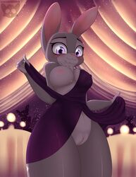 absurd_res an-m anthro blush breasts clitoris clothed clothing disney dress exposed_breasts female female_focus fur furry furry_only genitals hi_res judy_hopps lagomorph leporid looking_at_viewer looking_down low-angle_view mammal medium_breasts mostly_nude multicolored_body multicolored_fur naked navel nipples nude purple_eyes pussy rabbit smile solo solo_female solo_focus thick_thighs under_boob wide_hips zootopia