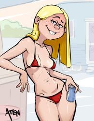 almost_naked aten beer beer_can bikini blonde_hair boobs breasts buckteeth cartoon_network covered_breasts ed_edd_n_eddy female_focus female_only freckles holding_beer kanker_sisters long_hair may_kanker no_nudity non_nude red_bikini smiling_at_viewer tits trailer_park