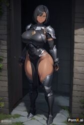 1girls ai_generated armor armored_boots armored_gloves castle dark-skinned_female dark_skin full_body huge_ass huge_breasts large_breasts milf muscular_female pornx.ai round_ass seductive_smile short_hair standing straight_hair thick_thighs