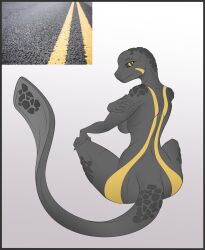 asphalt_road black_sclera dark_skin female furrification furry looking_at_viewer looking_back oracle_dominus road scalie solo stripes yellow_eyes