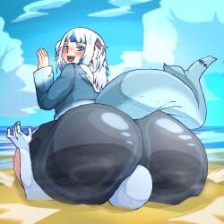 1boy 1girls ass ass_bigger_than_head ass_focus beach beach_background big_ass big_butt blue_eyes bottom_heavy bubble_butt clothing curvaceous curvy curvy_figure embarrassed facesitting fat_ass female fully_clothed gawr_gura hololive hololive_english hololive_myth hoodie huge_ass long_tail male open_mouth punishment shark shark_girl shark_tail sharp_teeth short_hair sweat sweating sweaty sweaty_body sweaty_thighs tagme tail thick_thighs virtual_youtuber voluptuous voluptuous_female white_hair wiirart