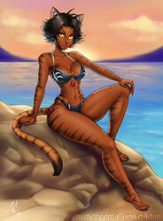 1girls 2020 2d 2d_(artwork) adult adult_female amber_eyes animal_ears artist_name artist_signature axcuervo beach big_breasts bikini black_hair black_nails breasts brown_stripes brunette cat_ears cat_eyes cat_tail catgirl cleavage dark-skinned_female dark_skin ear_fluff ear_piercing faunus female female_only looking_at_viewer no_sex outdoors pinup realistic_breast_size realistic_proportions red_lipstick rwby sharp_nails short_hair sienna_khan sitting sitting_down slim slit_eyes solo solo_female stripes sunset tail thick_thighs thighs tiger_girl url water wavy_hair yellow_eyes