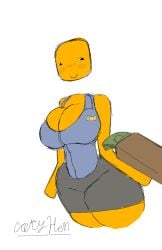 1boy1girl blush brown_skin cleavage coryhen coryhen_(artist) holding_money orange_skin roblox robloxian robux self_upload smile