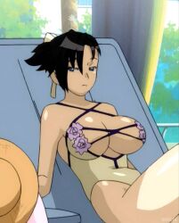 1girls bakuretsu_tenshi beach big_breasts black_hair blue_eyes busty cleavage female female_only half-closed_eyes hi_res large_breasts legs looking_at_viewer lying ponytail screencap sei_(bakuretsu_tenshi) solo thighs unamused