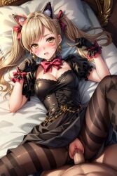 1boy 1girls ai_generated artsbuyu black_cat_d.va black_legwear blonde_hair blush bow cat_ears catgirl d.va embarrassed gothic_lolita hair_ribbon hi_res legwear long_hair looking_at_viewer lying lying_on_back lying_on_bed maid maid_uniform medium_breasts missionary_position one_leg_up open_mouth overwatch overwatch_2 pantyhose penis puffy_sleeves pussy sex short_sleeves spread_legs stable_diffusion straight twintails vaginal_penetration yellow_eyes