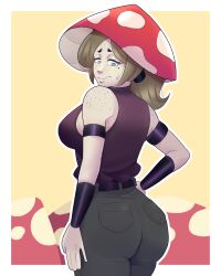 1girls abigail_(garp_sand) anthro ass ass_focus big_breasts clothing curvy fanart fanart_from_twitter female female_only freckles humanoid medium_hair mushroom mushroom_girl mushroom_humanoid original_character ponytail standing voluptuous