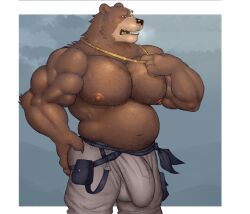 anthro areola bear ben_(zenless_zone_zero) ben_bigger biceps big_bulge biped bodily_fluids brown_bear bulge detailed_bulge flaccid fleshformomo genital_outline hi_res male male_anthro male_only mammal mihoyo musclegut muscular muscular_anthro muscular_male nipples pecs penis_outline solo solo_male sweat ursine zenless_zone_zero