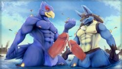 abs aircraft airplane anthro avian balls beak blue_body blush bodily_fluids canid canine city duo erection falco_lombardi fist generation_4_pokemon genital_fluids genitals hi_res humanoid_genitalia humanoid_penis jet lucario macro male mammal muscular muscular_anthro muscular_male nintendo nipples non-mammal_nipples pecs penis pokemon pokemon_(species) precum sea ship spines star_fox tail vehicle vodcat water watercraft