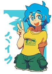 blue_hair brekkist peace_sign pekkrab sfw v_sign