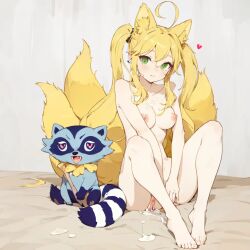 1girl 3_tails ai ai_generated big_breasts blonde_hair fox_ears full_body green_eyes heart_shaped_pupils kemonomimi kitsune kon_kon_keisha lisa mouth_closed nipples pet pigtails raccoon randolph sitting yellow_hair