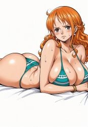 1girls ai_generated bare_arms bare_legs bare_shoulders bare_thighs big_breasts bikini bikini_bottom bikini_top blush clothed clothing color female female_focus female_only hi_res large_breasts light-skinned_female light_skin long_hair looking_at_viewer nami nami_(one_piece) one_piece orange_eyes orange_hair post-timeskip shounen_jump solo solo_female tagme thick_thighs yashin