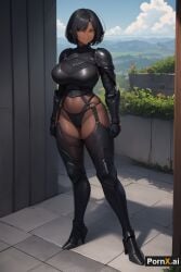 1girls ai_generated armor armored_boots armored_gloves castle dark-skinned_female dark_skin full_body garter_belt huge_ass huge_breasts large_breasts milf muscular_female pornx.ai round_ass seductive_smile short_hair standing straight_hair thick_thighs