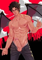abs akira_fudou amber_eyes balls big_dick big_penis black_hair black_pants black_pubic_hair city cloud clouds devilman_crybaby happy_trail male_only maorenc red_background red_underwear resting_bitch_face solo_male tan_skin unbuttoned_pants underwear_down wings