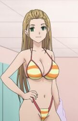 1girls big_breasts bikini blonde_hair breasts busty cleavage confident female female_only forehead hand_on_hip kaii_to_otome_to_kamikakushi large_breasts long_hair looking_at_viewer navel pose posing screencap sensual smile solo stitched swimsuit third-party_edit thong_bikini usami_erika