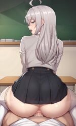 1boy ahoge ai_generated alisa_mikhailovna_kujou anus ass blue_eyes blush classroom clothed_sex cowgirl_position cum female from_behind highres huge_ass long_hair looking_back open_mouth penis pleated_skirt reverse_cowgirl_position school_uniform sex silver_hair skirt solo_focus stable_diffusion straddling straight thighhighs tokidoki_bosotto_russian_de_dereru_tonari_no_alya-san vaginal_penetration white_legwear