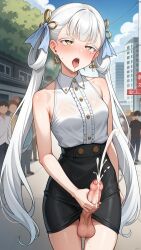 1futa ahe_gao ai_generated balls cum dickgirl ejaculation futanari gold_skirt intersex jinhsi_(wuthering_waves) pencil_skirt penis slitless_pencil_skirt testicles tight_pencil_skirt twintails white_shirt wuthering_waves yuuki_snow
