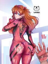 1boy 1girls artist_name ass asuka_langley_sohryu big_ass big_breasts blue_eyes bodypaint bodysuit breasts brown_hair busty curvy fat_ass female finger_to_mouth grabbing_own_ass hand_on_ass hand_on_own_ass highres large_breasts legs long_hair looking_at_viewer looking_back male neon_genesis_evangelion painted_clothes pink_lips plugsuit shushing spank_marks spanked spanked_mark sweat thighs twintails