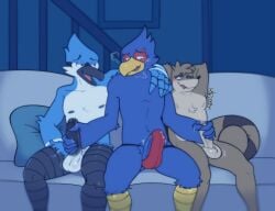 3boys anthro avian balls beak bird blue_body blue_feathers blue_jay blush bodily_fluids bulge cartoon_network corvid crossover erection falco_lombardi feathers furniture gay genital_fluids genitals glans group group_sex handjob hands_behind_head hi_res jay_(bird) looking_pleasured male male/male mammal mordecai_(regular_show) new_world_jay nintendo on_sofa oscine passerine penile penis precum procyonid raccoon regular_show rigby_(regular_show) scuted_legs scutes sex sitting sitting_on_sofa sofa star_fox streif tail tenting threesome trio