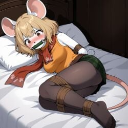 ai_generated arms_tied_behind_back ashley_graham bit_gag blonde_hair blush bondage bound_ankles bound_legs brown_eyes gag gagged mouse_girl moushley on_bed resident_evil_4 tears