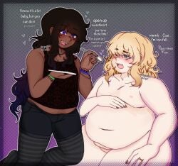 2boys 2femboys akyumu aroused belly black_hair blonde_hair blue_eyes blush cas_(akyumu) chubby chubby_femboy dark-skinned_femboy dark_skin dark_skinned_femboy dialogue eating english_text fat fat_femboy fat_fetish feederism feedism femboy_on_femboy light-skinned_femboy light_skin light_skinned_femboy milo_(akyumu) moobs naked_male nude_male overfeeding penis plump plus_size soft_body square_irises stuffed_belly submissive teasing weight_gain