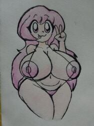 areolae big_areola big_breasts breasts breasts_bigger_than_head breasts_out goofy_ahh_facial_expression goofy_smile huge_breasts long_hair peace_sign pink_hair sling_bikini slingshot_swimsuit thatartistann thick_thighs tongue tongue_out voluptuous voluptuous_female