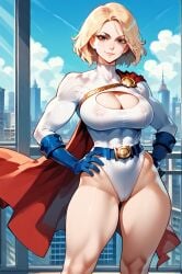 2d ai_generated belt big_breasts big_thighs blonde_hair cape city cityscape day daytime dc_comics gloves hand_on_hip leotard power_girl red_cape solo tagme white_leotard window