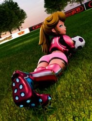 1girls 3d armor ass blonde_hair blue_eyes half-closed_eyes hi_res legs looking_at_viewer looking_back lying lying_on_stomach mario_(series) mario_strikers midriff on_stomach pink_lipstick ponytail princess princess_peach seductive seductive_look seductive_smile sensual shorts soccer soccer_ball soccer_uniform solo the_pose thighs