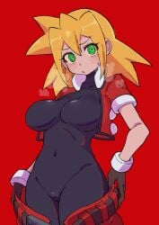 1girls absurdres black_bodysuit blonde_hair blush bodysuit breasts breath buzzlyears commentary covered_collarbone covered_navel cropped_jacket glowing glowing_eyes green_eyes highres jacket large_breasts long_hair mega_man mega_man_legends no_headwear open_clothes open_jacket open_shorts red_eyes red_shorts ringed_eyes roll_caskett shorts solo