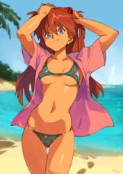 1girls ass_visible_through_thighs asuka_langley_sohryu beach bikini blue_eyes blue_swimsuit breasts cleavage clothing collarbone cowboy_shot female female_only hair_ornament hands_on_head long_hair looking_at_viewer neon_genesis_evangelion optionaltypo pink_shirt pinup red_hair skimpy skindentation smile solo swimsuit thong tropical unbuttoned_shirt underboob wind